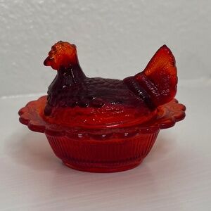 Vintage Mosser Glass Hen on Basket-Red
